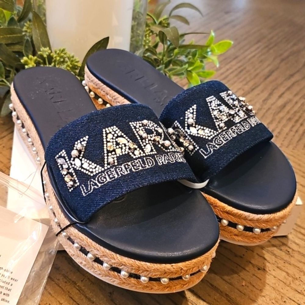 Karl Lagerfeld Paris Denim Kamara Pearl Platform Sandals 7.5 NWT